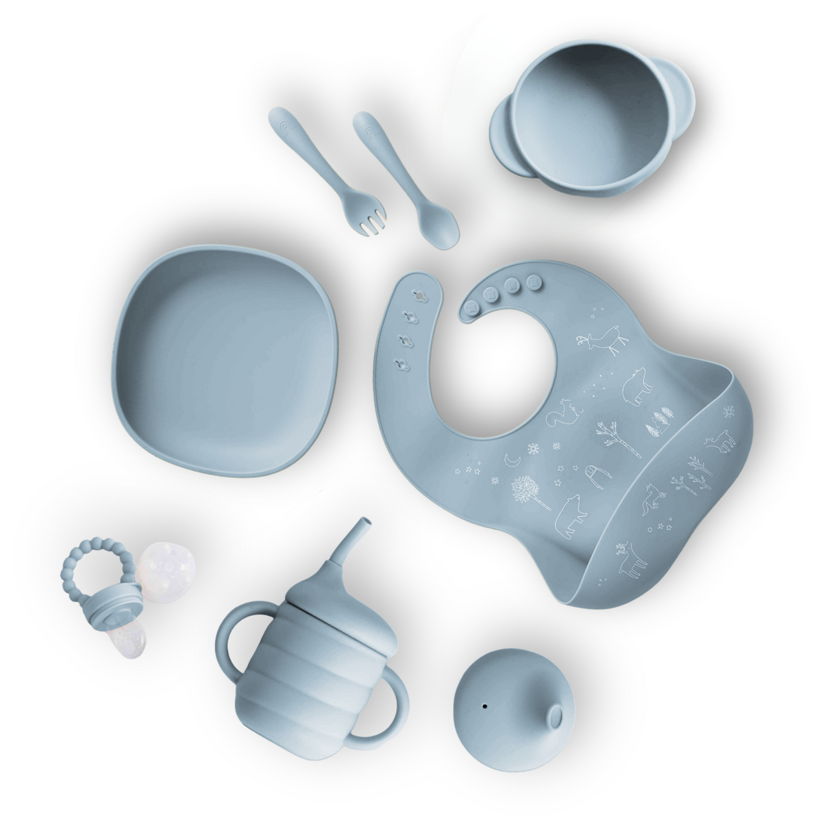 Collection of baby utensils including a bowl, spoon, fork, bib, and cup on a white background.