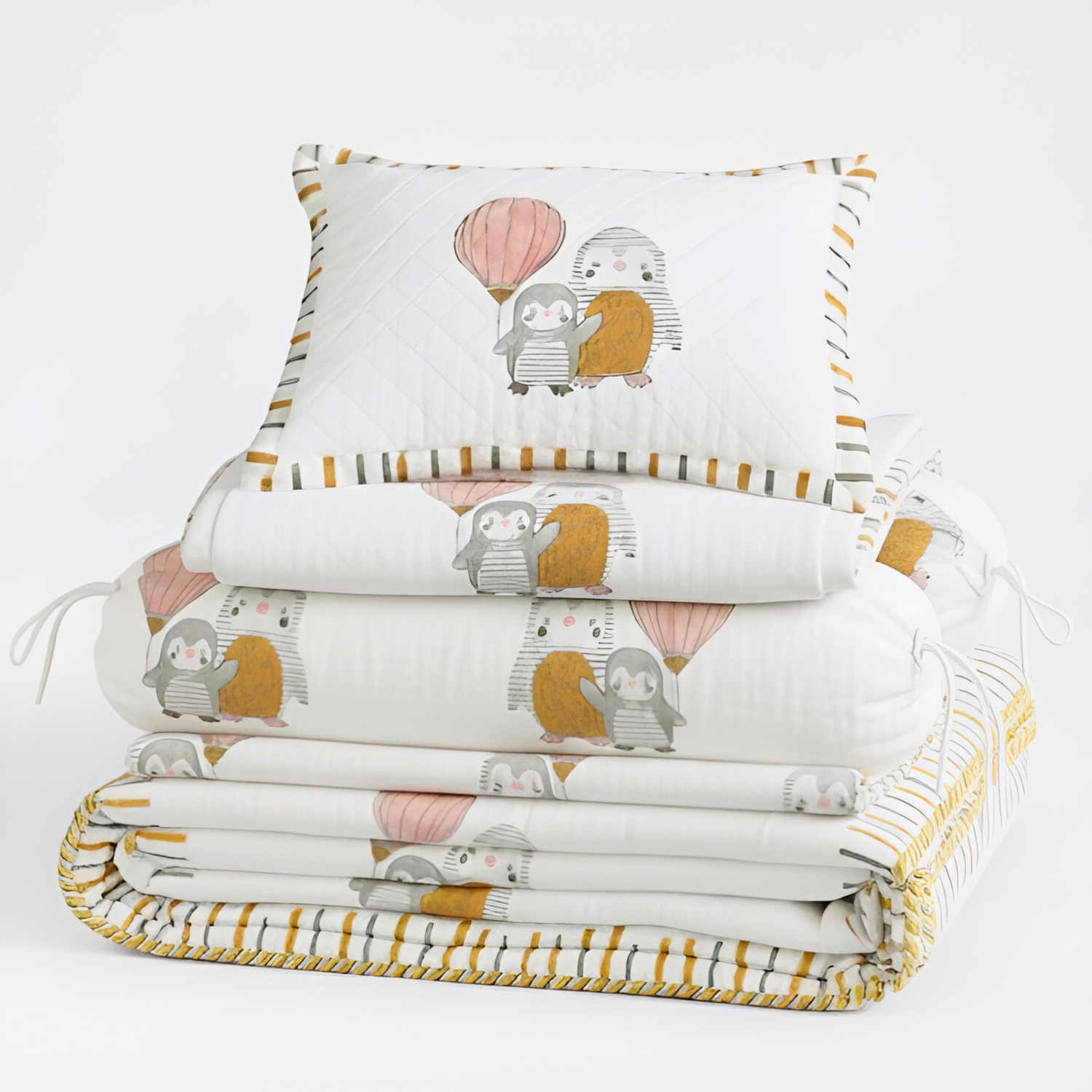 Penguin Party Mulmul Cot Bedding Set With Quilt