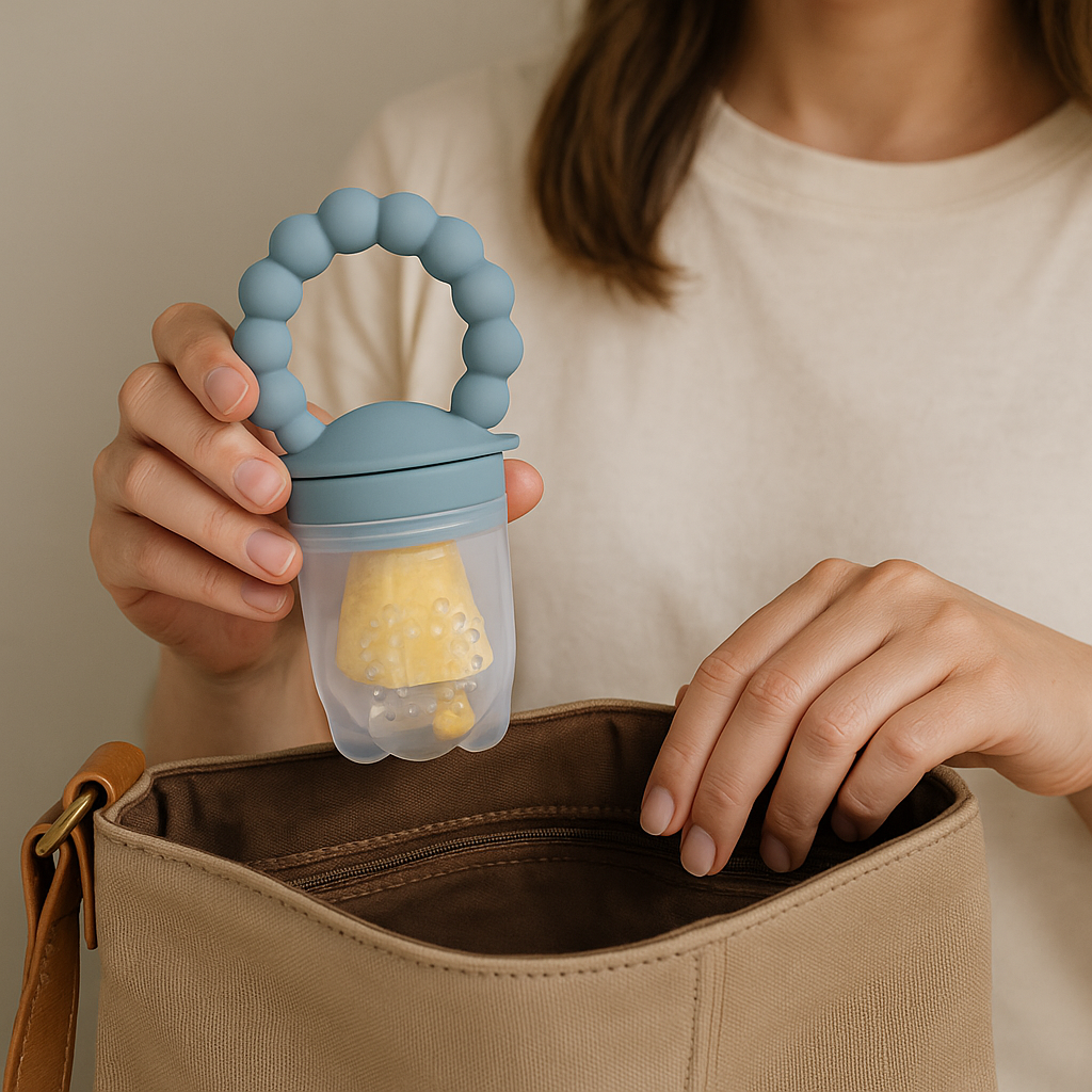 Person holding a blue baby teether with a yellow chewable inside, about to put it into a brown bag.